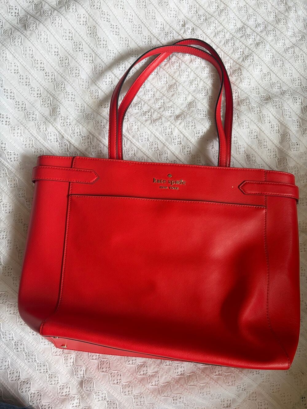 Kate Spade New York Red Saffiano Leather Tote Shoulder Bag Gold Logo Purse